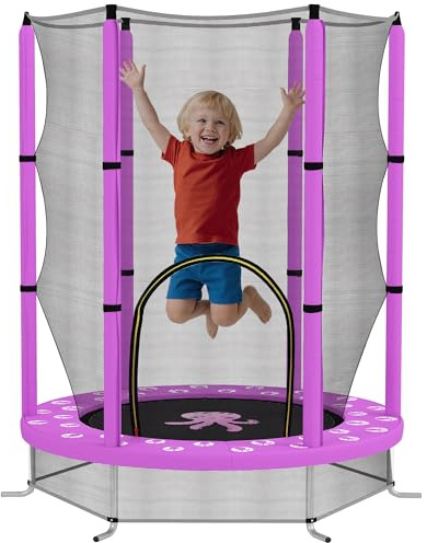AIYAPLAY Kindertrampolin Ø140cm Outdoor Trampolin für Kinder mit Sicherheitsnetz Reißverschluss Gummiseil Randabdeckung, Gartentrampolin mit Wolken-Muster, für Indoor und Outdoor
