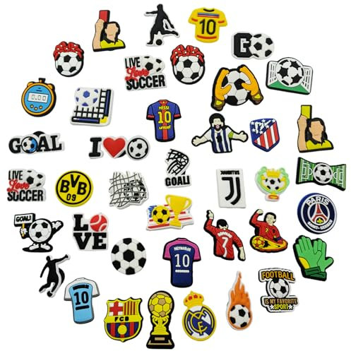 AYSYR 40 piezas de pines de fútbol para croc, colgantes de PVC para decoración de zapatos, accesorios de dibujados para Crocs, regalos