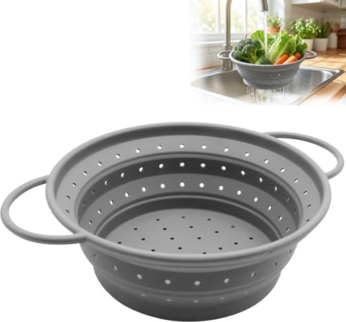 Colino pieghevole in silicone, 26 cm, pieghevole da cucina con manici, colino per pasta, pieghevole, salvaspazio, lavabile in lavastoviglie, per scolare tagliatelle, frutta, verdura (grigio grande)