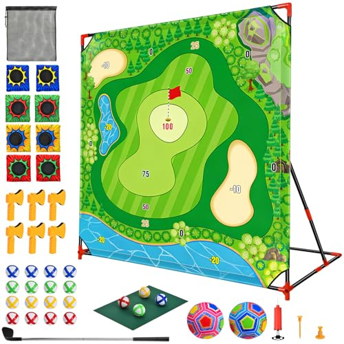 DyBaxa Golf Chipping Game - Golf Battle Game for Kids, 54*54 Golf Target Mat with 16 Sticky Balls, 8 Bean Bag, 6 Axe, 2 Soccer, Perfect for Family Fun, Outdoor Lawn, Poolside, Backyard Party Activity