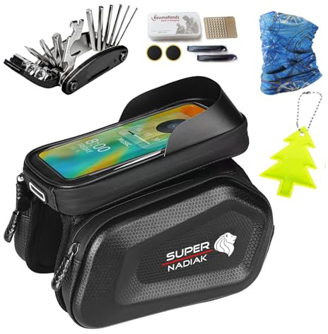 super NADIAK Borsa per Telaio Bici Impermeabile con Finestra Telefono 6 – Kit Completo Ciclismo con MultiTool 16in1 e Accessori Sicurezza (Style 1)