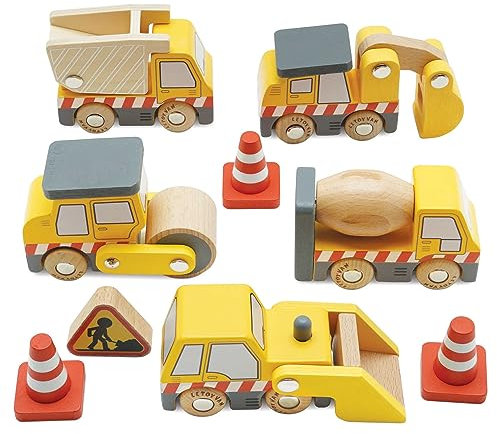 Le Toy Van – Autos & Baustelle-Spielset Baufahrzeuge-Rollenspiel aus Holz, mit Kran, Bagger, Walze, Bulldozer, Kipplaster und Pylonen Baustellen-Rollenspiel | Geeignet für Kinder ab 3 Jahren, Gelb, TV442