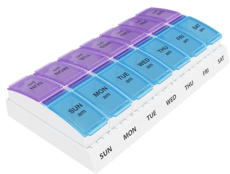 EZY DOSE Weekly AM/PM Pill Organizer, 7-Day Vitamin Container and Daily Medication Box with Large Pop-Out Compartments, 2 Times a Day Pill Holder, Blue and Purple Lids, Travel-Friendly Design