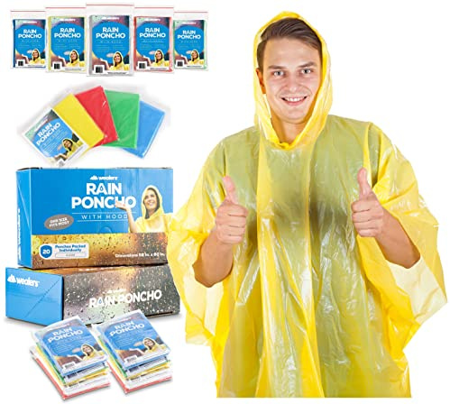 Wealers Rain Ponchos for Adults Teens Disposable Bulk Pack Emergency Raincoat Parks Outdoors Multi Colors Waterproof (Assorted, Case of 20)