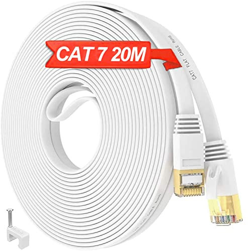 Câble Ethernet 20m CAT 7 Blindé, Câble RJ45 20m Câble Réseau Blanc Cable Internet Haut Débit, Cable LAN Plat Gigabit S/FTP 10Gbps 600MHz Résistant aux Intempéries, pour Routeur Switch Modem (20 Clips)