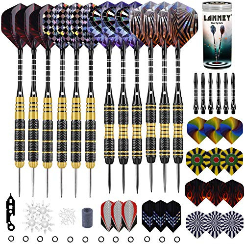 Steel Tip Darts Steel Tip Set Professional Darts, 24 Grams and 20 Grams Metal Tipped Dart with Aluminum Shafts and Brass Barrels, Extra Flights, Sharpener Tool Kit, Carrying Case, 12 Pack