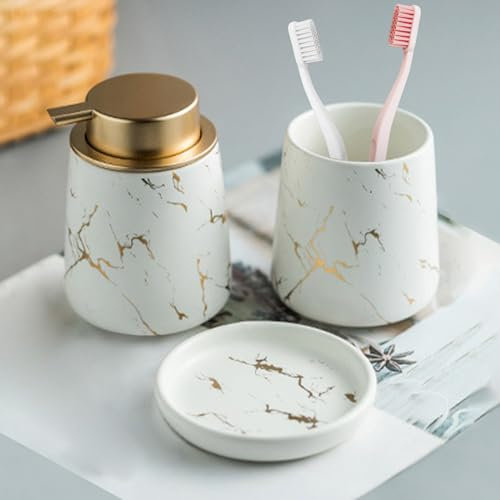 Ensemble de 4 accessoires de salle de bain en céramique marbrée - Distributeur de savon, porte-brosse à dents, gobelet, porte-savon - Blanc mat