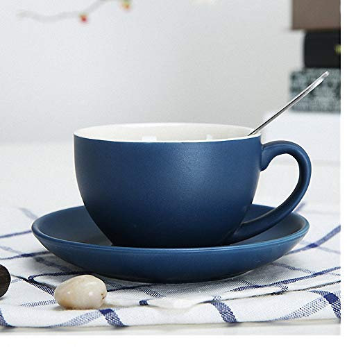 THUMBGEEK Tazas de capuchino de porcelana con platillos y cuchara, para bebidas especiales de café, latte, café mocha y té utilizados en casa y en cafeterías baristas profesionales (azul oscuro)