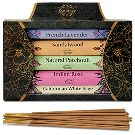Raajsee Incense Sticks 5 Pack Variety Set 20 Sticks Each (Total 100 Sticks), Californian White Sage-French Lavender-Sandalwood-Natural Patchouli-Indian Rose,100% Organic Natural Hand Rolled