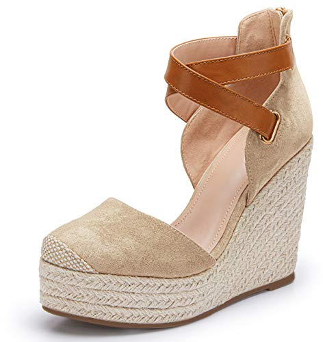 PiePieBuy Womens Wedge Espadrille Ankle Strap Closed Cap Toe Platform Heeled Sandals Beige