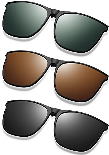 Frienda 3 Pair Oversize Polarized Clip-on Sunglasses Large Anti-glare TR90 Frame Flip up Driving Glasses for Women Men (Black Gray, Dark Green, Brown)