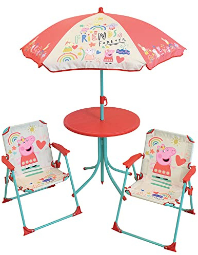 FUN HOUSE 713472 Peppa Pig Salon de Jardin pour Enfant avec Une Table H.46 X Ø46 CM, Deux chaises H.53 X L.38,5 X P.37,5 cm et Un Parasol H.125 X Ø 100 cm