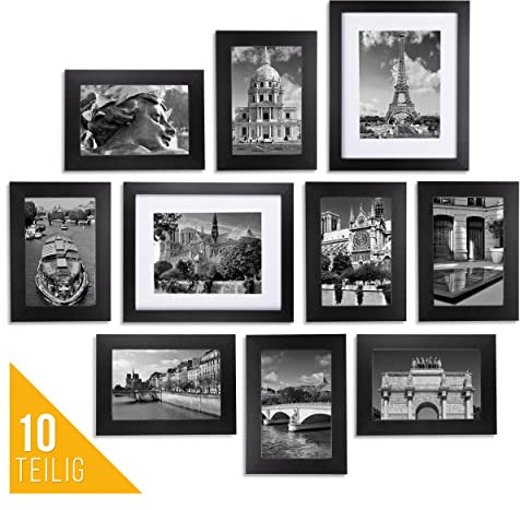 Postavo 10er Bilderrahmen Set - 8x für [9x13cm] Bilder & 2x für [18x13cm] Schwarze Bilderrahmen Collage - Hochwertige Fotorahmen aus Holz - Hoch- oder Querformat - Stehend/Hängend