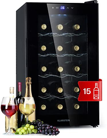 KLARSTEIN Cave a Vin, Réfrigérateur à Vin avec Porte en Verre, Cave à Vin de Vieillissement, Zone Unique, Prosecco, Bière, Ecran Tactile, Réfrigérateur Bar,Frigo, Protection UV, 11-18°C,15 Bouteilles