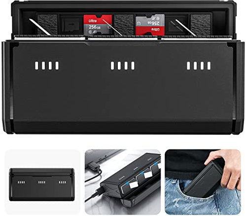 TELESIN Taschen-Akkuladegerät für GoPro Hero 12 11 10 9, Schnelles Aufladen, Tragbares Design, 3 Steckplätze, 2 TF-Kartenspeicher, Stromabfrage, Kompatibel mit Enduro- und Standard-Akku, Zubehör