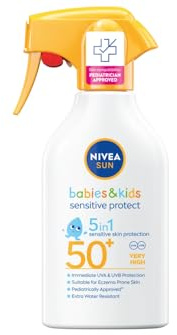 NIVEA SUN Sunscreen spray Babies&Kids Sensitive SPF50+, 270 ml, 5-in-1 sunscreen spray for children and babies over 6 months, For sensitive skin, SPF50+, Waterproof formula, Pack of 1