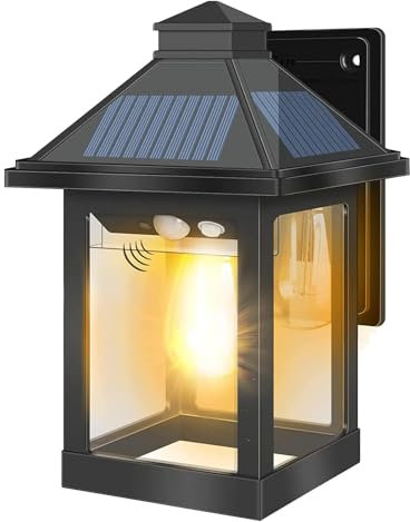 Moman Foco Solar Exterior con Sensor de Movimiento, Farola Solar Vintage 3 Modos, Impermeable IP65, Luz Solar para Jardín, Patio, Garaje, Pared, Exteriores