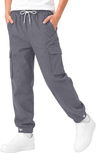 HIBETY Boy's Cotton Cargo Trousers, UPF 50+ Sun Protection Hiking Trousers, Breathable Jogger Trousers for Kids