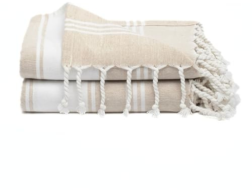 9Threads Toalla de playa turca 100 % algodón con bolsa, toalla de gran tamaño de 36 x 72 pulgadas, absorbente para alberca, toalla de viaje extragrande de secado rápido (color beige, paquete de 2)