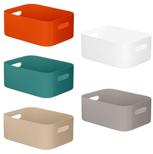 W&H 5 PCS Plastic Storage Boxes with Handle, Medium Storage Baskets, Cupboard Organiser Boxes, Plastic Baskets for Kitchen, Bathroom, Office, Home - 25×17×10cm (Colorful)