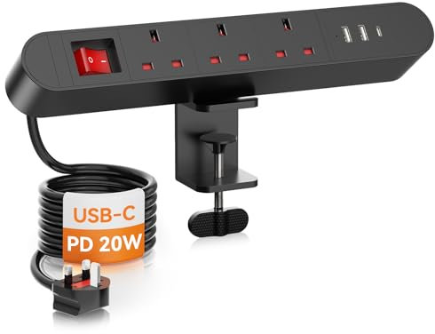 Desk Power Strip with USB C PD20W, Ulthos Desktop Extension Lead with Switch, Desk Power Strip with USB, Black