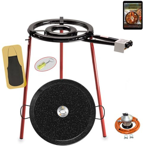 COMBOI Paellero a gas butano Kit professionale, bruciatore piatto 35 cm, Paellera smaltata 46 cm, regolatore, tubo, gambe rinforzate, livello, grembiule, libro ricette digitali (kit Paellero Pro-E 35