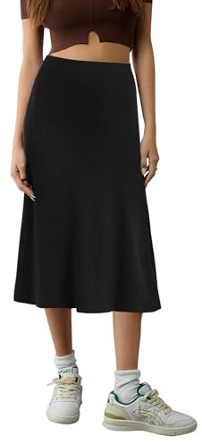 Urban CoCo Women's Elastic High Waist A-Line Flared Midi Skirt Solid Ribbed Knit Skirts (Black, S)