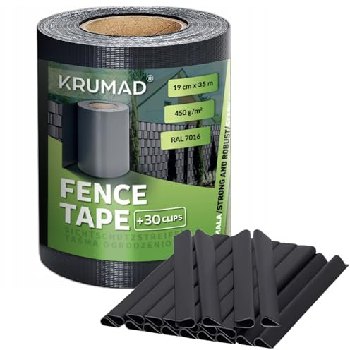 KRUMAD Sichtschutzstreifen Zaun, 19 cm x 35 m inkl. 30 Befestigungsclips, UV-beständiges PVC, Wetterfest, für Doppelstabmattenzaun & Balkongeländer, 450 g/m², Anthrazit