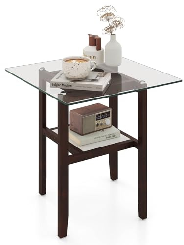 GIANTEX Tavolino in vetro, moderno rettangolare per soggiorno, divano, tavolino da caffè a 2 livelli, tavolino da tè con gambe in legno massiccio, tavolo quadrato in vetro per soggiorno e ufficio (61