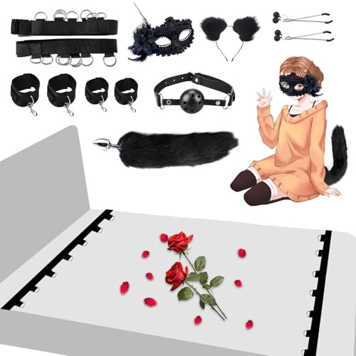 Kits de Bondage Attaches de Lit Érotique BDSM Sex Menottes Sextoys avec Queue de Renard Plug Anus, SM Set Adultes Toy Parfait Ensemble de Jouets Sexuels Érotiques Retenue pour Débutants et Couples