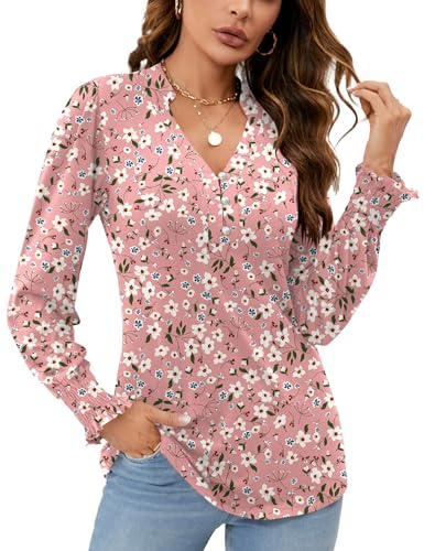 Rapbin Womens Tops V Neck Puff Long Sleeve T-Shirts Ladies Button Down Tunic Casual Ruffles Cuffs Sleeve Blouses Pink White Floral M (UK 12-14)