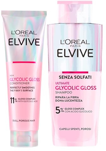 L'Oréal Paris Elvive Glycolic Gloss champú iluminador con ácido glicólico 200 ml + acondicionador reparador para cabello poroso y sin brillo, brillo sedoso intenso y duradero, 150 ml, 2 unidades