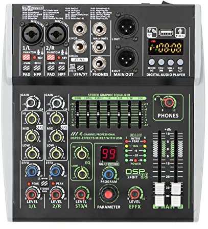 Mixer audio Mini 4 canali Mixing Console Individuale +48V 99 Effetti DSP USB Computer Riproduzione e registrazione Mixer