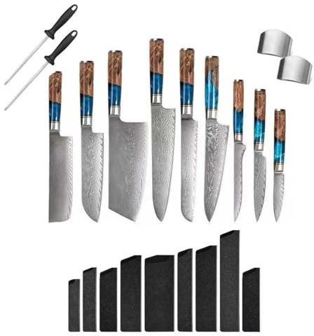 Rexhan 9 Piece 67 Layer Damascus Steel Knife Set, Kitchen Knife Set, Chef Knives, Cooking Knife Gift Set, Japanese Professional Knife, VG10 Damascus, 60+2HRC, 2 Finger Guards, 2 Sharpeners, 9 Sheaths