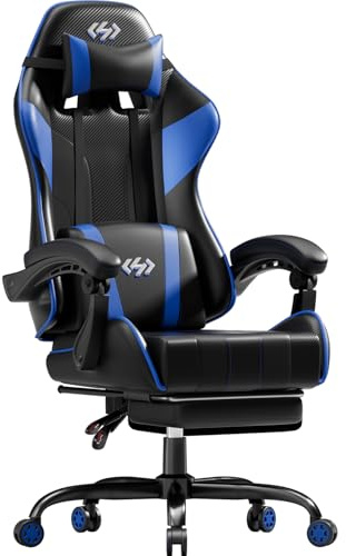 HLONONE Ergonomische Gaming Stuhl, Gaming Sessel mit Taschenfederkissen, Racing Gamer Stuhl mit Fußstütze, Lendenwirbelstütze, Verstellbarer Bürostuhl 150 kg Belastbarkeit, PC Stuhls, Blau