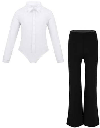 Raenseen Niños Traje Romper Con Manga Larga Mono Body Y Pantalones Ropa Baile Moderna Salsa Tango Y Danza Latina Blanco y negro 10 años