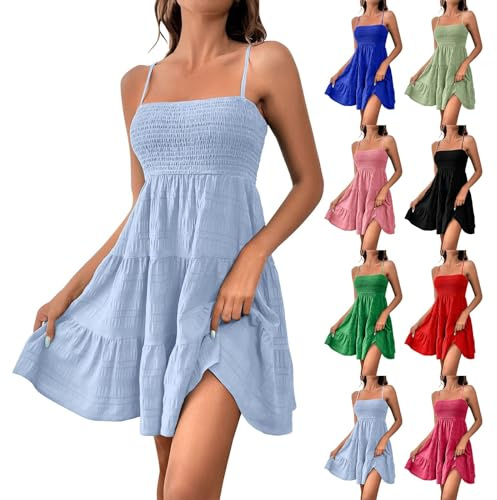 Beach Dresses For Women Uk Summer Spaghetti Strap Sundresses Casual Sleeveless A Linen Mini Dress Bandeau Tube Boho Sundress Plain Beach Wear Cover Ups With Pockets Elegant Flowy Ladies Dresses
