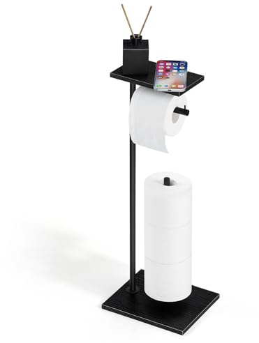 Toilet Roll Holder Freestanding Black Free Standing Toilet Roll Holder | Toilet Roll Holder Free Standing No Drilling, Freestanding Toilet Roll Holder with Top Shelf, for 4 Rolls of Paper Towels