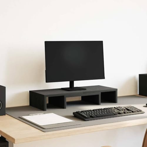 Monitorställ justerbart svart ekutseende 60 x 24 x 10,5 cm, trämaterial, ergonomiskt laptopstativ med lutbart fäste och kabelhantering, hylla för kontor och hemmakontor