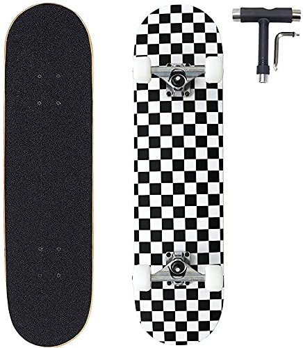 ANNEE 31x8 Inch Pro Skateboard Complete,7 Layer Canadian Maple Wood Double Kick Concave Skate Boards, Tricks Skateboards for Youths,Beginners,Girls,Boys,Kids,Teens,Adults (Black, White)