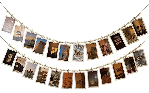 JiTiMi Hanging Photo Display With 12 Clips, Wooden Bead Garland 2PCS, Boho Style Collage Photo Frame Decoration for Dorms, Classrooms, Bedrooms