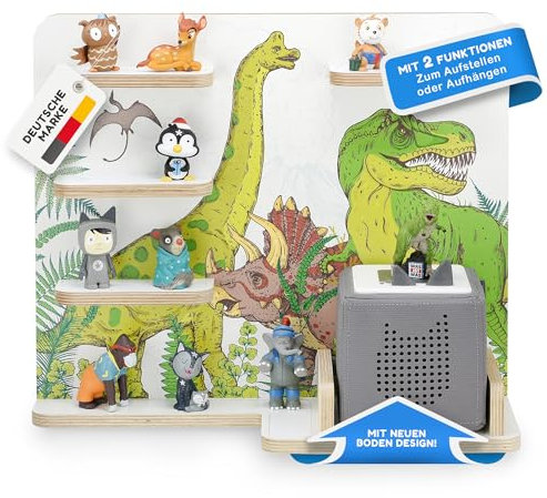 stadtecken Holzregal für Musikbox I Passend für die Toniebox und ca. 35 Tonies I Perfekte Aufbewahrung im Kinderzimmer I zum Aufstellen oder Aufhängen (Dinosaurier)