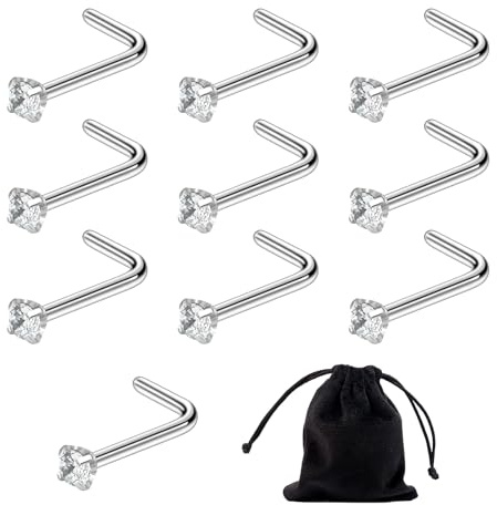 SLEEKEE Lot de 10 piercings de nez en cristal transparent, 1 pochette en velours, clous de nez percés en argent sterling, boucles d'oreilles microcristaux, clous de nez en forme de L, boucles