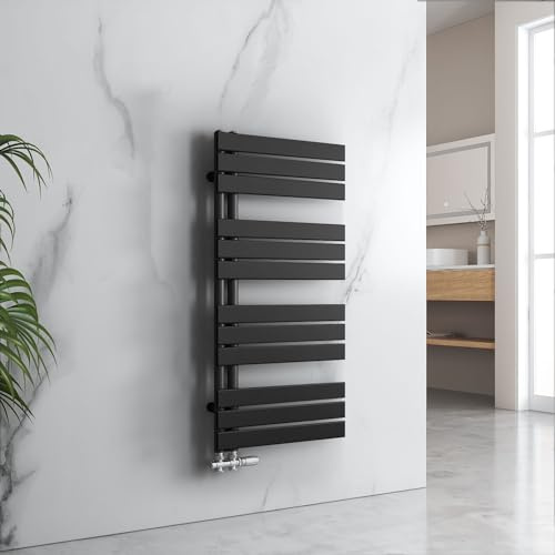 EMKE Radiador de baño, toallero, 1041 x 500 mm, radiador para toallas, conexión lateral, calentador de toallas plano, secador de toallas, radiador, negro, 529 W