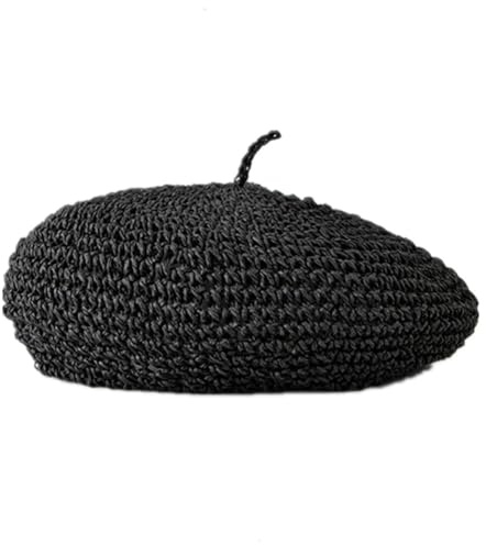 AHDMR Béret en Paille pour Femme Béret Eté Rétro Chapeau Béret Français Classique Chapeau d'artiste Respirant Béret en Crochet Tricoté Chapeau de Soleil pour Plage Vacances Voyage Partis