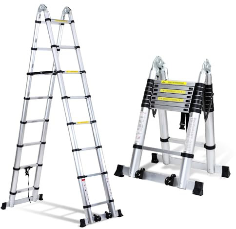Izrielar Teleskopleiter 5M Teleskop Klappleiter, Aluminiumleiter Ausziehbare Multifunktionsleiter, 150 kg Belastbarkeit, für Innen Außenbereich, Silber Beinhaltet Eisenteile + Räder