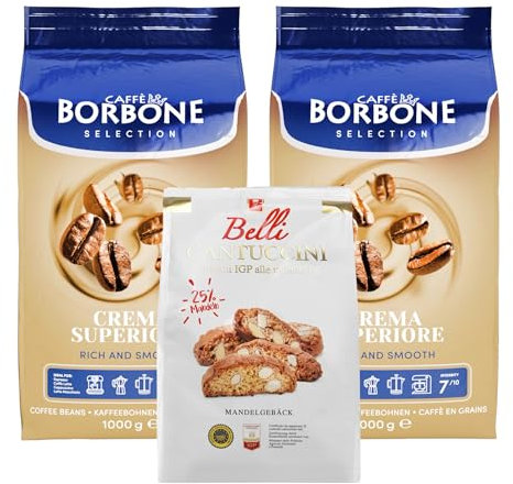 Caffè Borbone Kaffee Espresso Bohnen Set 2Kg Crema Superiore Selection + Belli Cantuccini Mandelgebäck 250g | Ganze Kaffeebohnen mittlere Röstung