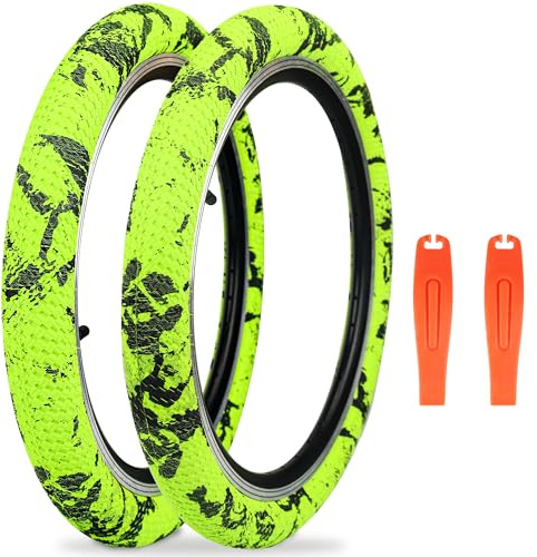 ZUKKA Confezione da 2 pneumatici per bicicletta 30TPI 20 pollici 20 x 2,10 con camera d'aria 56-406 per bicicletta da 20 pollici per bambini, MTB, mountain bike, BMX, giallo verde