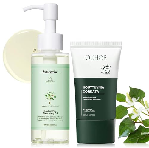 2 Stück Heartleaf Porenkontrolle Reinigungsöl, Houttuynia Cordata Sunscreen SPF 50 PA+++, entfernt Make-up & Mitesser, Feuchtigkeits Sonnencreme, Geeignet für Empfindliche Haut