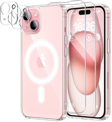 YNMEacc 5 in 1 Magnetic for iPhone 15 Case 6.1-Inch with 2X Screen Protector + 2 Lens Protector, [Compatible with MagSafe] Slim Soft TPU Silicone Shockproof Anti-Scratch Phone Cover - Clear